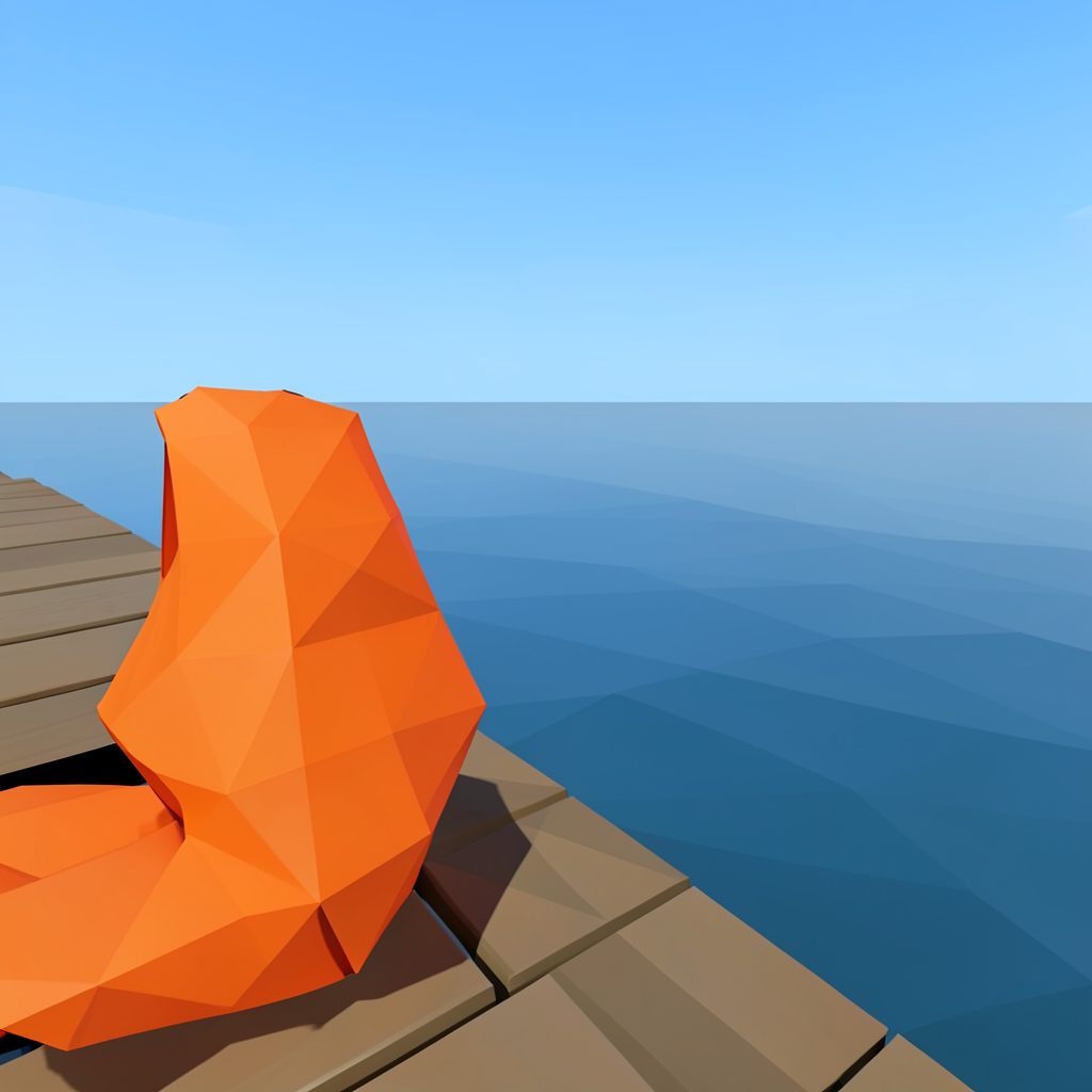A bright orange life jacket resting on the edge of a wooden dock overlooking calm lake water under a clear sky