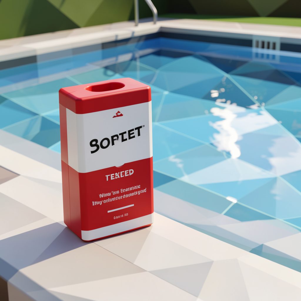 A red and white pool test kit next to a clean swimming pool, with sunlight reflecting off the water surface.
