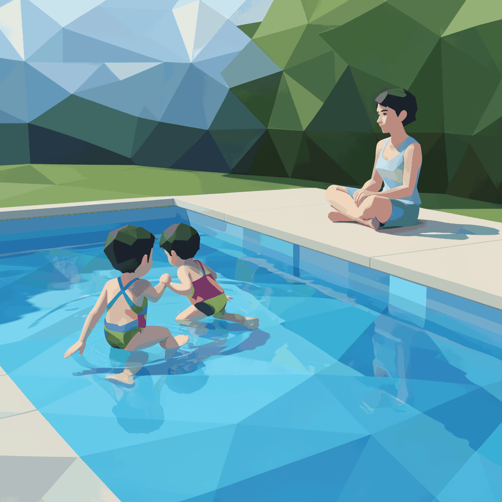 A pair of young children wearing bright swimsuits playing at the shallow edge of a pool while an adult sits watching from the side