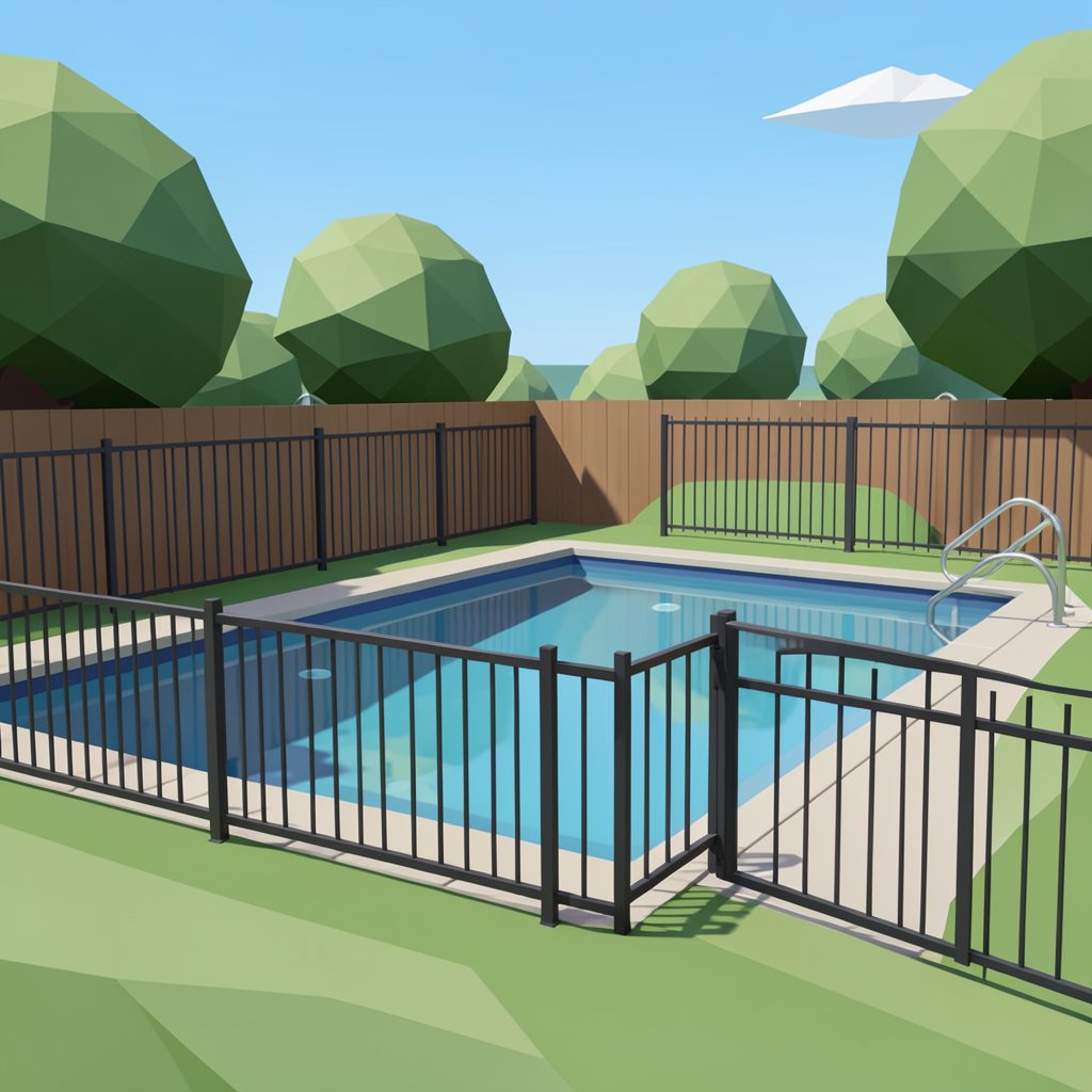 A calm backyard swimming pool with a safety fence and gate, seen from a slight distance on a sunny day