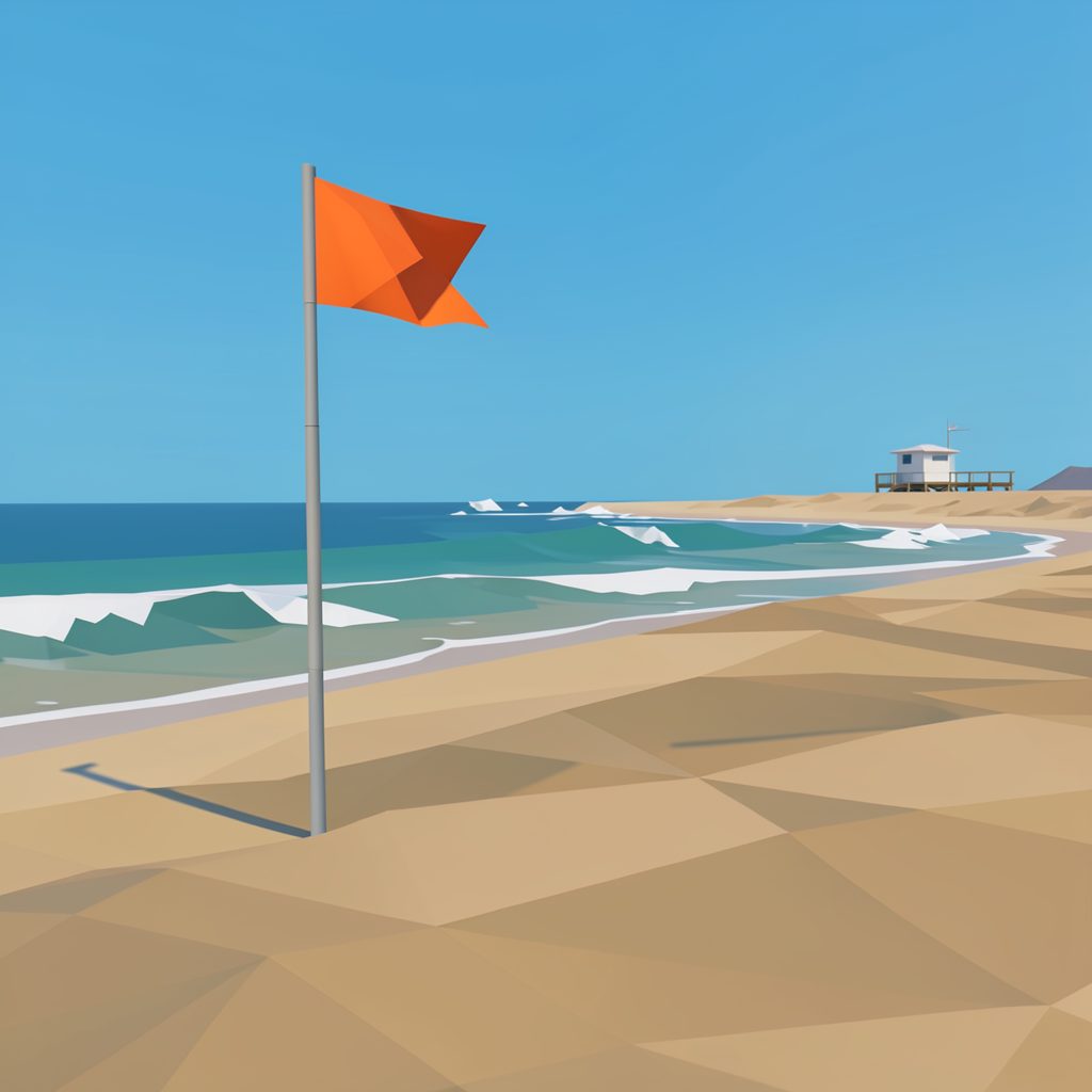 A windswept beach with moderate waves, an orange safety flag fluttering on a pole, and a distant lifeguard station.