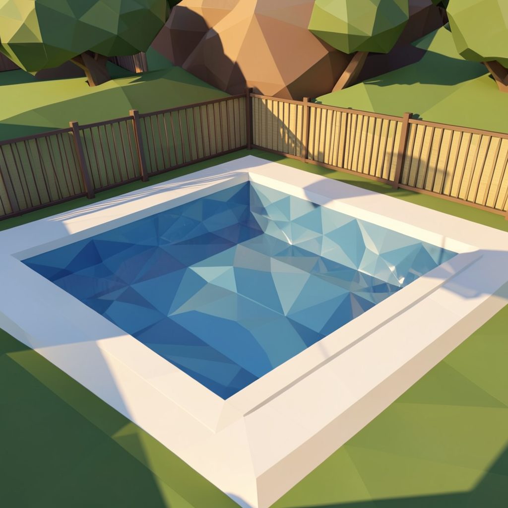 A low-poly geometric render of a backyard swimming pool scene with faceted blue water and a white pool deck.