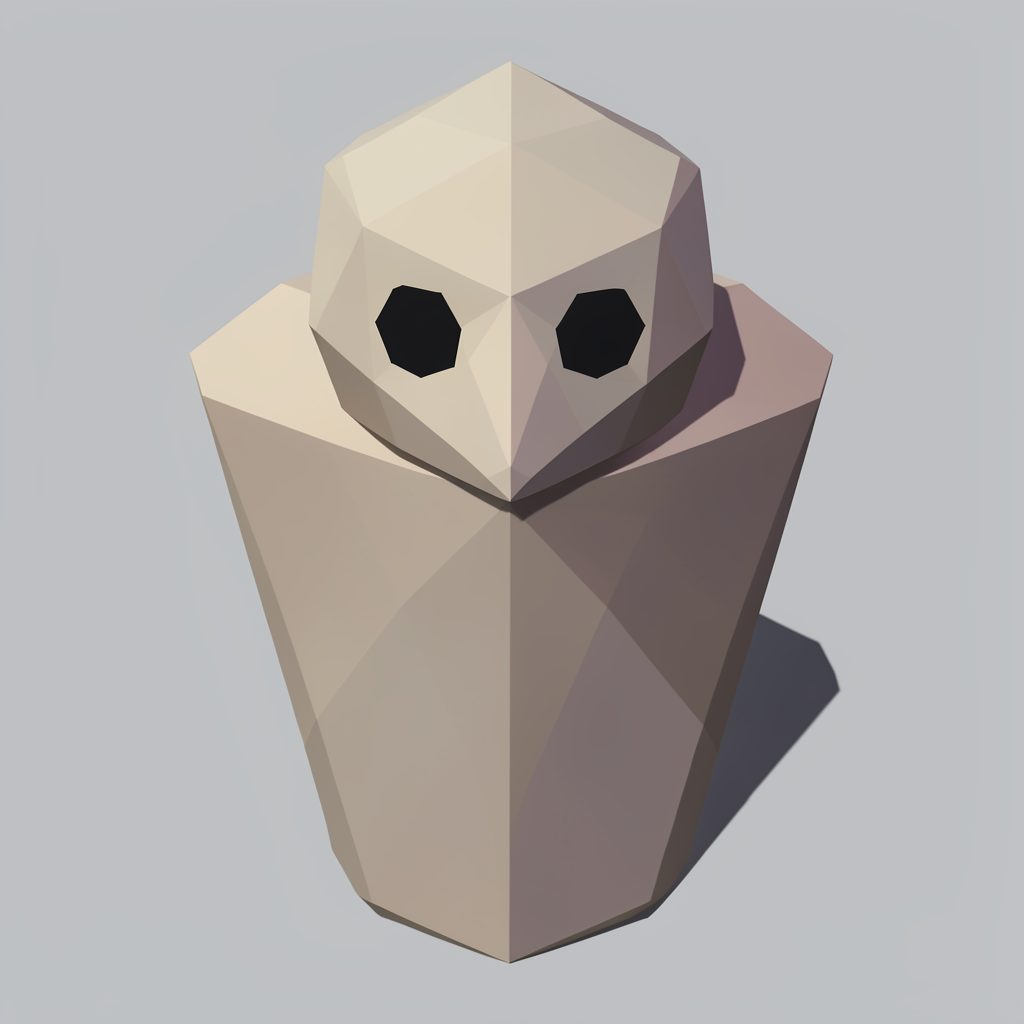 A low-poly geometric portrait composition in warm skin tones and deep navy.