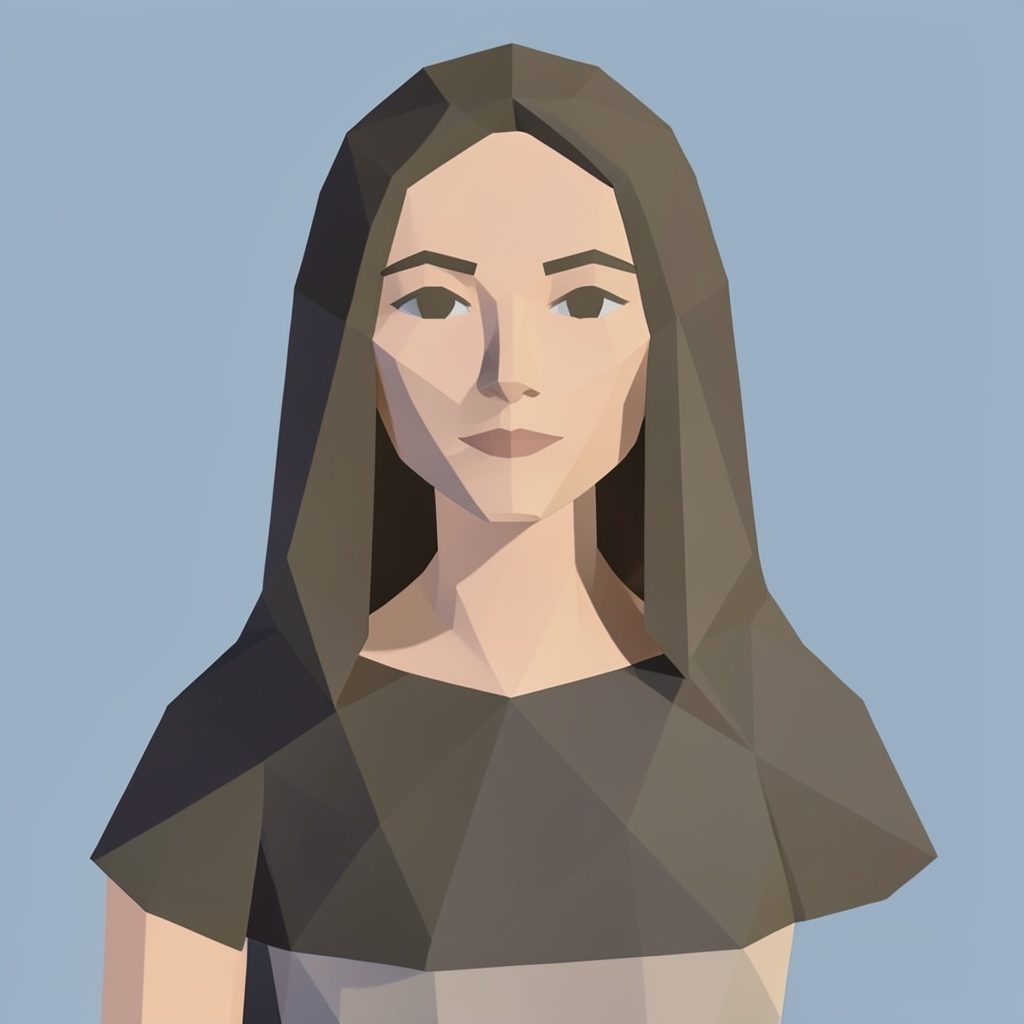 A low-poly geometric portrait composition in warm skin tones and deep navy.