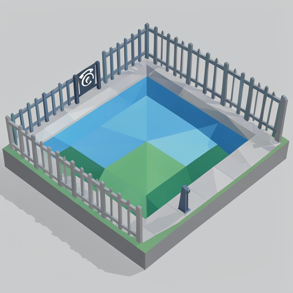 A low-poly geometric render of layers of protection around a pool — fence, cover, alarm, and supervision icons — in clean blues and whites
