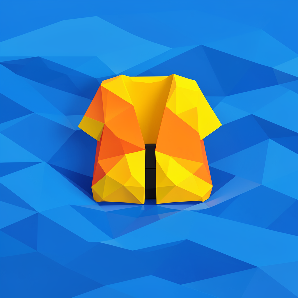 A faceted low-poly composition of a life jacket in bright orange and yellow, floating on stylized blue geometric water.