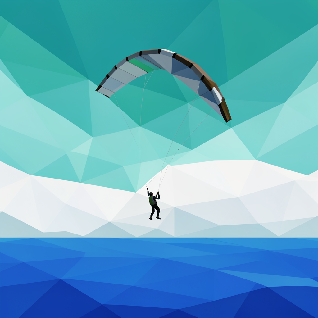 A faceted low-poly geometric render of a kitesurfer's kite arcing across a sky of angular teal and white planes above stylized blue water